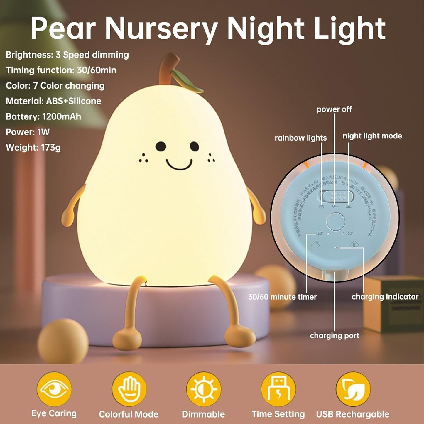 Cute Silicone Pear Night Light Lamp – Rechargeable LED Color Changing Bedside Lamp