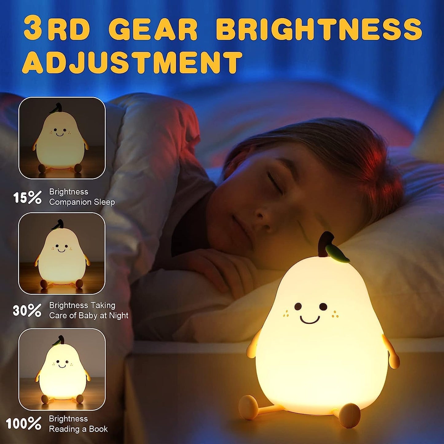 Cute Silicone Pear Night Light Lamp – Rechargeable LED Color Changing Bedside Lamp