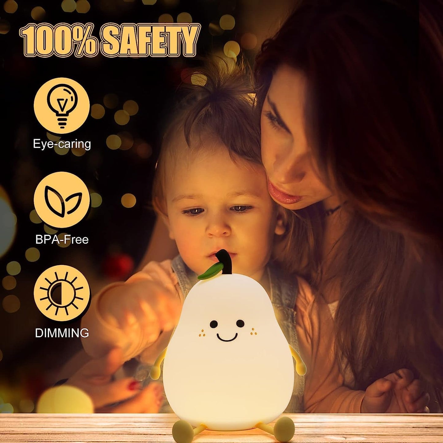 Cute Silicone Pear Night Light Lamp – Rechargeable LED Color Changing Bedside Lamp