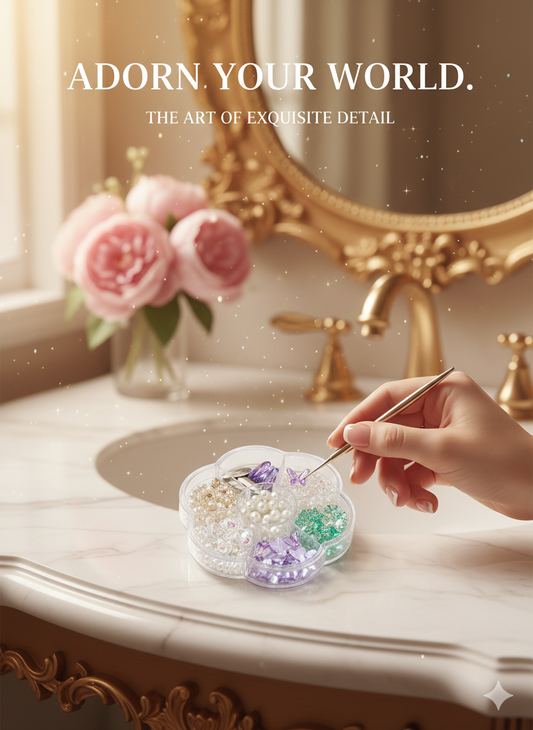 6 in 1 Nail Art Accessories Decoration Set in Flower Box | Multi-Design Nail Charms with Pearls, Crystals, Rhinestones, 3D Shapes & Glitter Pieces